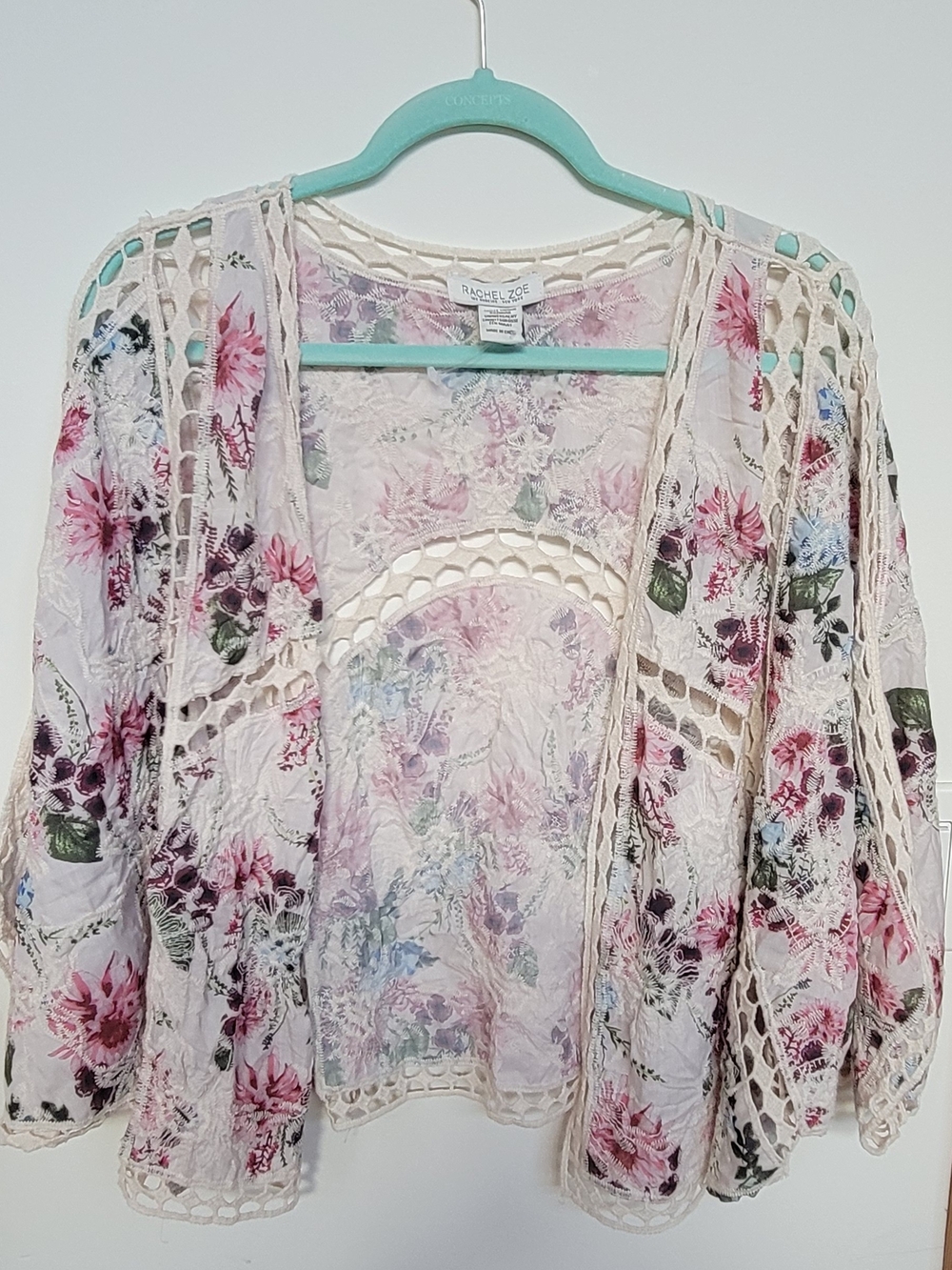BNWOT-Rachel Zoe Floral Crochet Trim Kimono